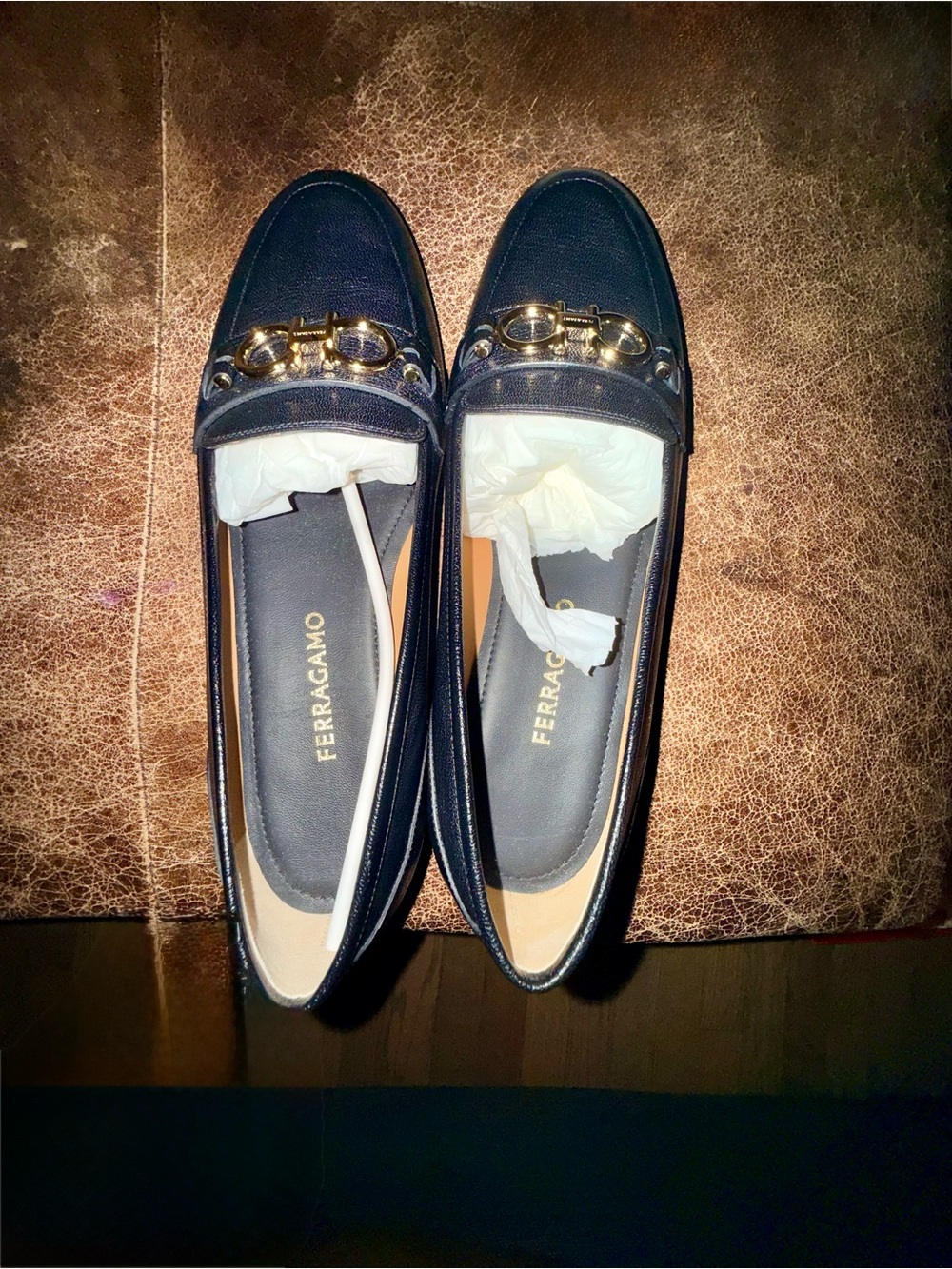 Salvatore Ferragamo Navy Leather Loafers with Gold Bit (NEW)